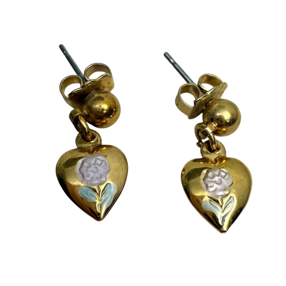 Gold Tone Heart Dangle Stud Earrings Floral Enamel Pierced Fashion Jewelry